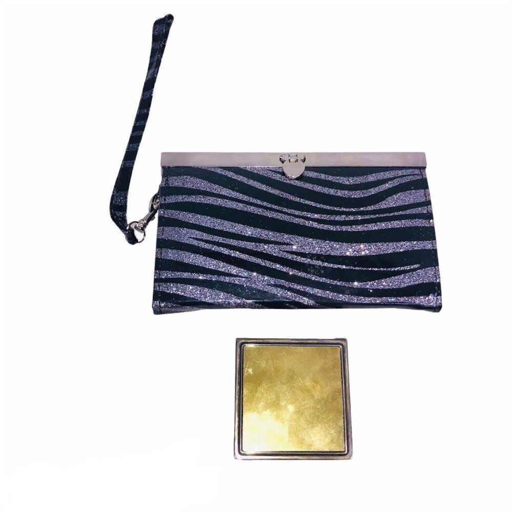 Vintage Y2K Black Gray Zebra Wallet Expandable Wristlet Mirror Compact Set